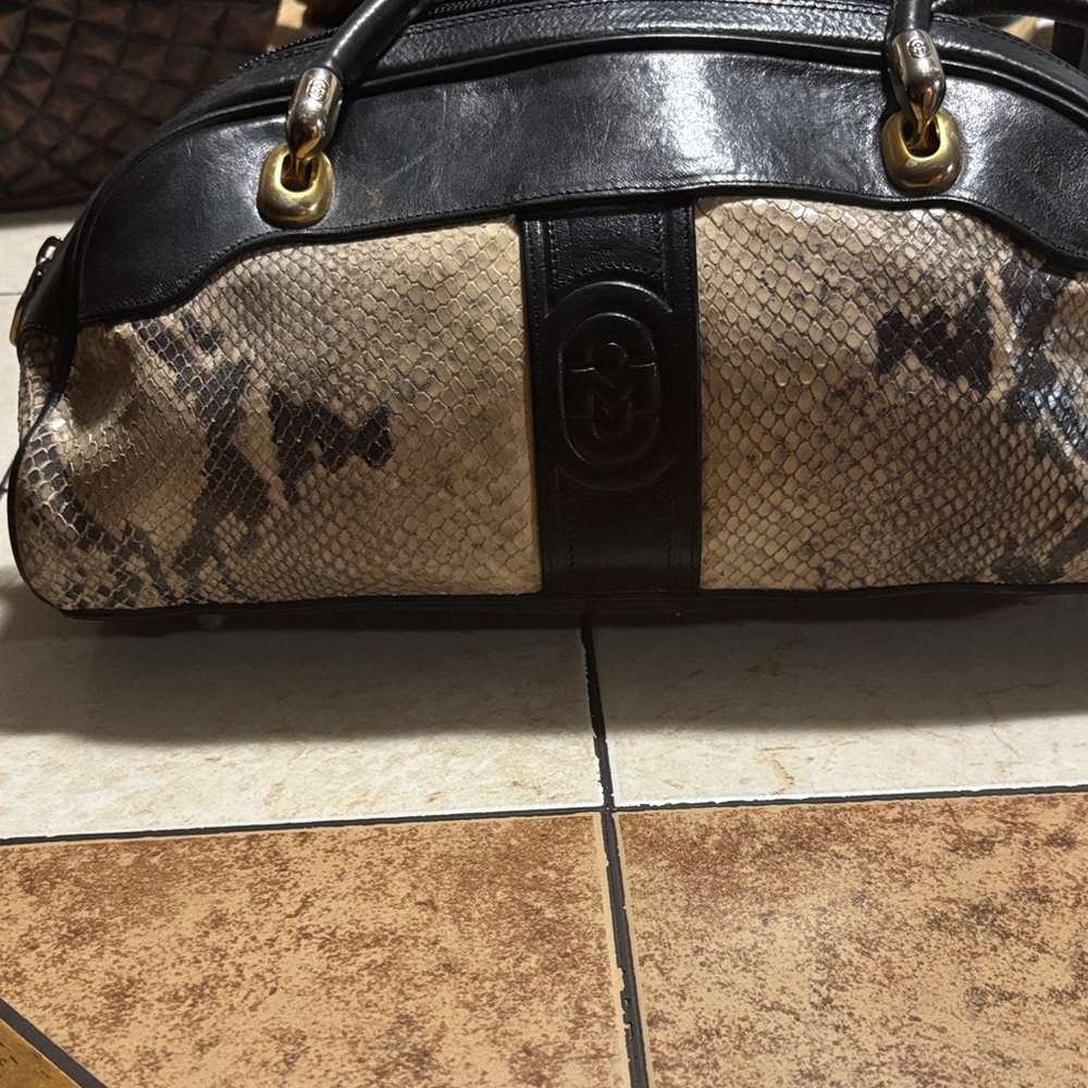 Elegant Marino Orlandi Black and Tan Snakeskin Shoulder Bag.